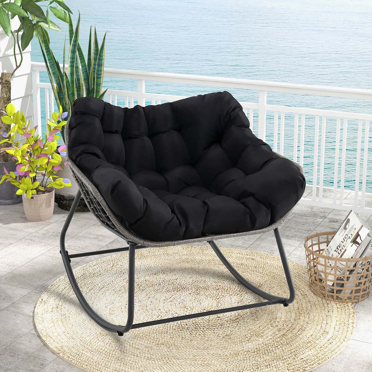 Costway 1/2 PCS Outdoor Rocking Chair Oversized Patio PE Wicker Egg Chair Rattan Lounge Chair Black